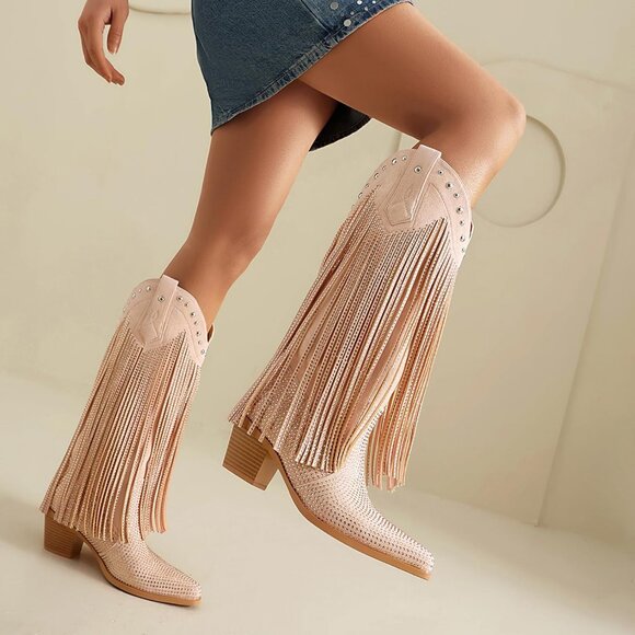 Pink Rhinestone Fringe Cowgirl Boots Women Pointed Toe Western Mid Calf Shoes - Picture 4 of 6